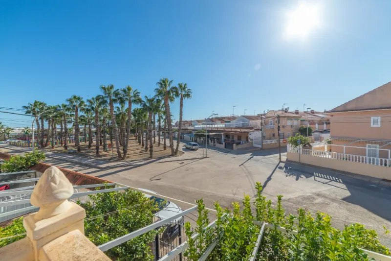 Una calle de Los Cuarteros vista desde una terraza, con las palmeras y las casas bajas