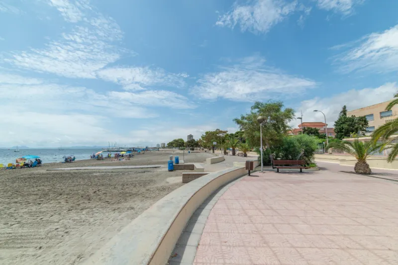 El paseo de Santiago de la Ribera, con los bancos, las palmeras y el agua al lado